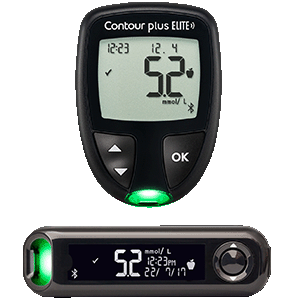 一組相連的血糖儀。CONTOUR®Care Meter、CONTOUR®NEXT Meter、CONTOUR®NEXT One Meter。